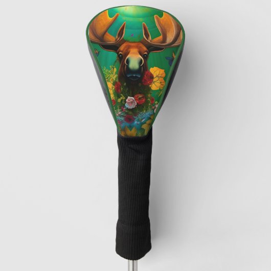 Hippy Trippy Moose met bloemen AI Art Golfheadcover (Voorkant)