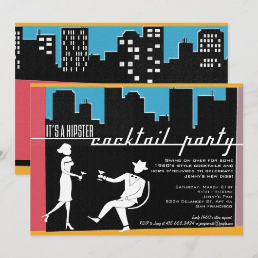 Hipster 1960's Cocktail Party Invitation Kaart (Voorkant / Achterkant)
