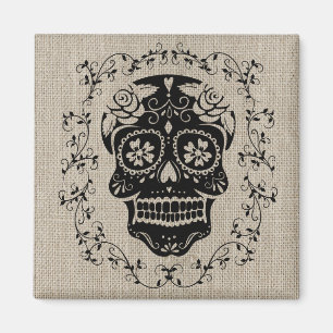 Hipster Black Sugar Skull Burlap Magneet