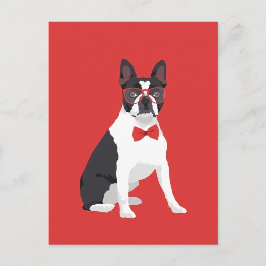 Hipster Boston Terrier met Red Glasses & Bow Strop Briefkaart (Voorkant)