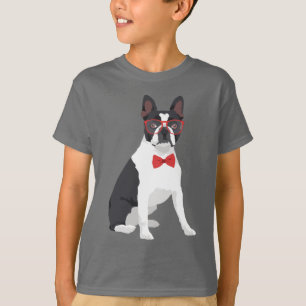 Hipster Boston Terrier met Red Glasses & Bow Strop T-shirt