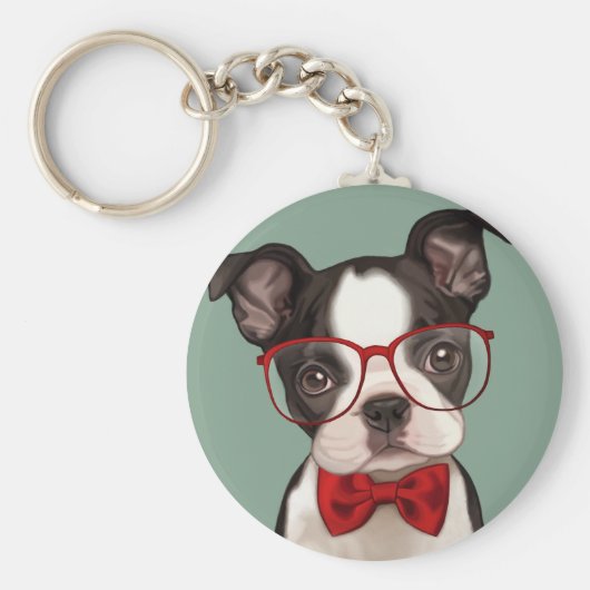 Hipster Boston Terrier Sleutelhanger (Voorkant)