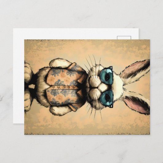 Hipster Bunny Soaks Up  Vibes met Retro Su Briefkaart (Voorkant / Achterkant)