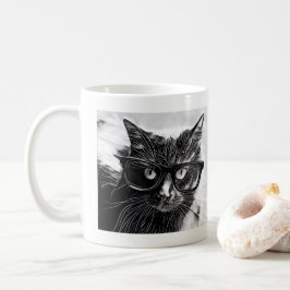 Hipster Cat.  Zwarte kat met overmaatse zwarte bri Koffiemok