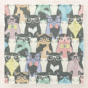 Hipster Cute Cats Pattern Glazen Onderzetter