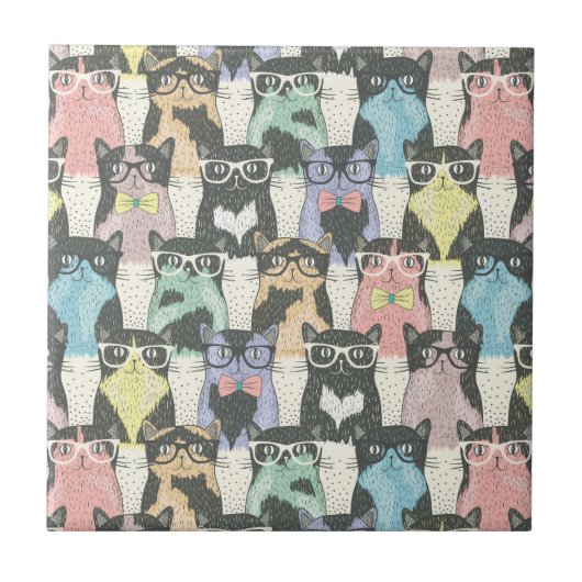 Hipster Cute Cats Pattern Tegeltje (Voorkant)