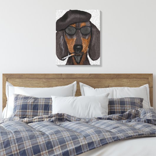 Hipster Dachshund Black en Tan Canvas Afdruk (Insitu (Slaapkamer))