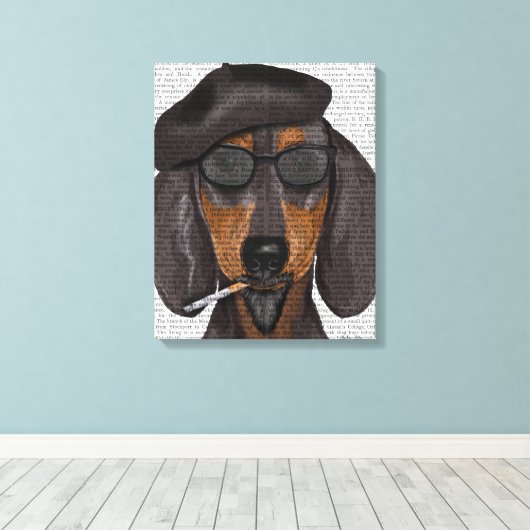 Hipster Dachshund Black en Tan Canvas Afdruk (Insitu (Houten vloer))