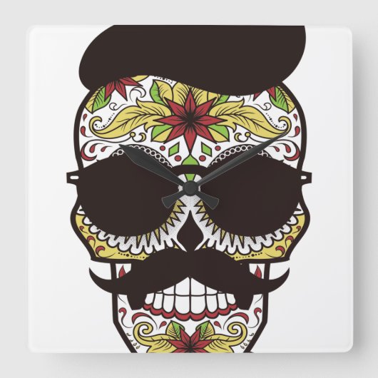 Hipster Day of the Dead Skull Vierkante Klok (Voorkant)