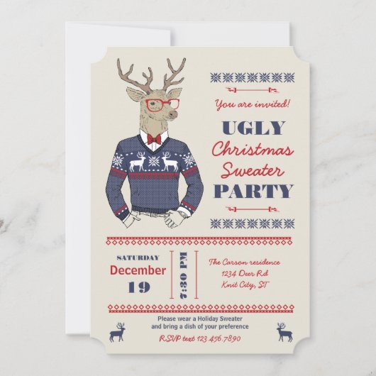 Hipster Deer Ugly Christmas Sweater Uitnodiging (Voorkant)