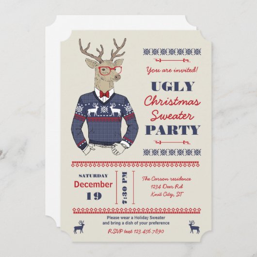 Hipster Deer Ugly Christmas Sweater Uitnodiging (Voorkant / Achterkant)