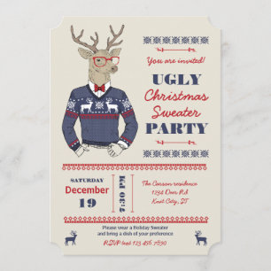 Hipster Deer Ugly KerstSweater Invitation Kaart