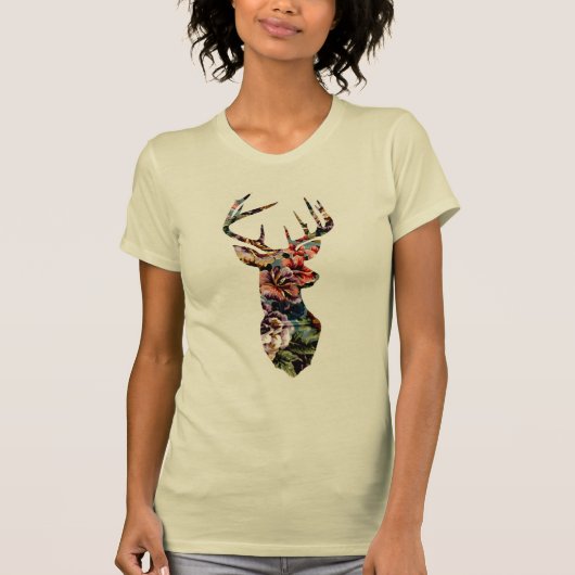 Hipster Floral Deer Head Silhouette T-shirt (Voorkant)