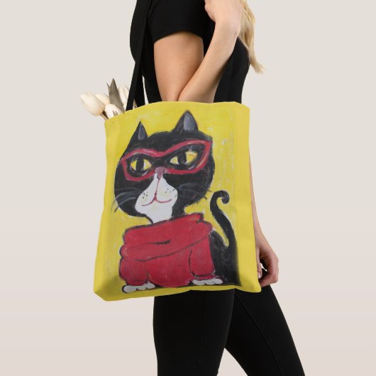 Hipster Folk Art Turtleneck Cat Tote Bag (Dichtbij)