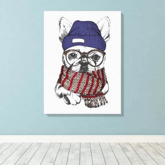 Hipster French Bull Dog Canvas Afdruk (Insitu (Houten vloer))