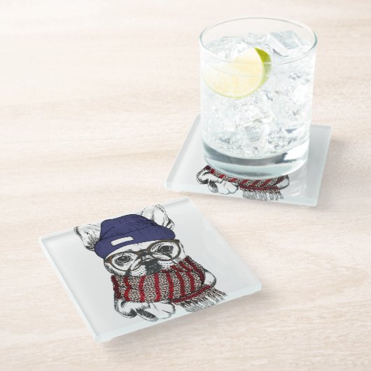 Hipster French Bull Dog Glazen Onderzetter (Schuin)