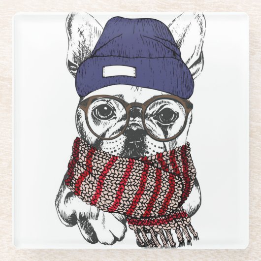 Hipster French Bull Dog Glazen Onderzetter (Voorkant)