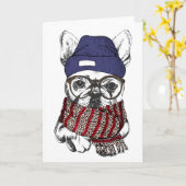 Hipster French Bull Dog Kaart (Gele Bloem)