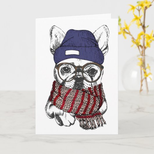 Hipster French Bull Dog Kaart (Gele Bloem)