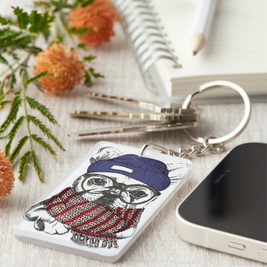 Hipster French Bull Dog Sleutelhanger (Voorkant Rechts)