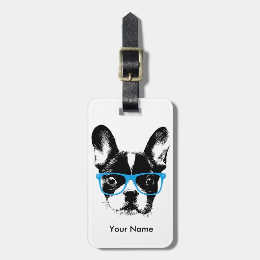 Hipster French Bulldog Nerdy Dog Aangepaste naam Bagagelabel (Voorkant verticaal)