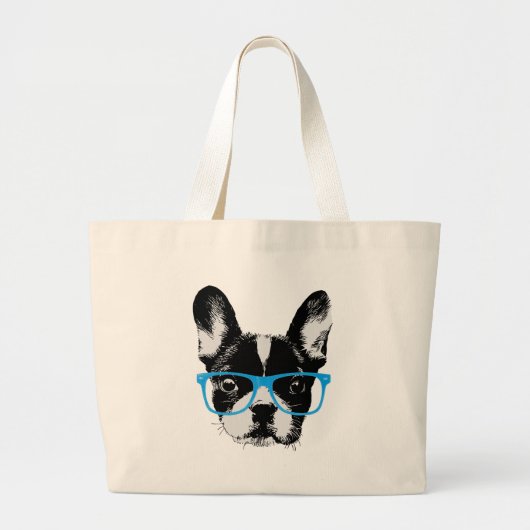 Hipster French Bulldog Nerdy Dog Grote Tote Bag (Voorkant)