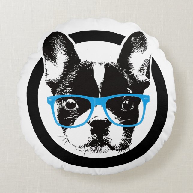 Hipster French Bulldog Nerdy Dog Rond Kussen (Voorkant)