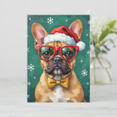 Hipster French Bulldog Santa Glasses Modern Feestdagenkaart (Staand voorkant)