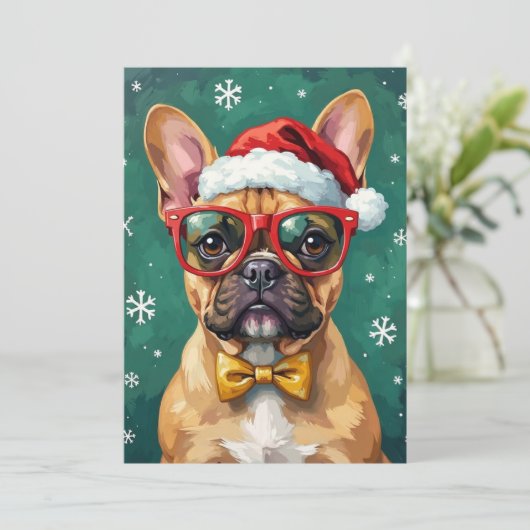 Hipster French Bulldog Santa Glasses Modern  Feestdagenkaart (Staand voorkant)