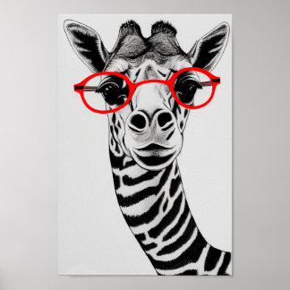 Hipster Giraffe in Red Glasses Giraffe Drawing Art Poster