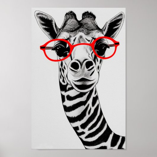 Hipster Giraffe in Red Glasses Giraffe Drawing Art Poster (Voorkant)