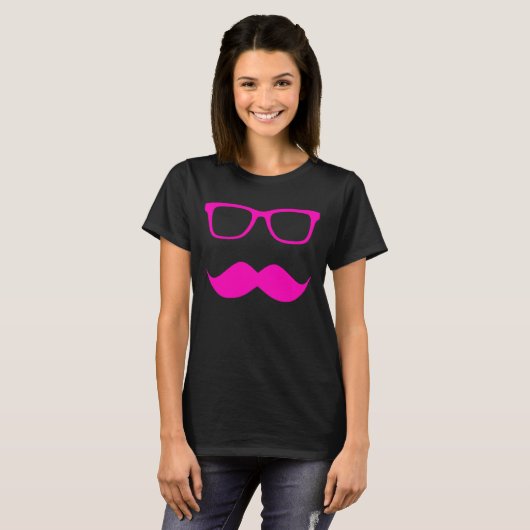 Hipster Glasses + Mustache - Roze T-shirt (Voorkant volledig)