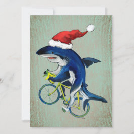 Hipster Haai Op Een Fiets Met Kerstman Hoed Feestdagenkaart