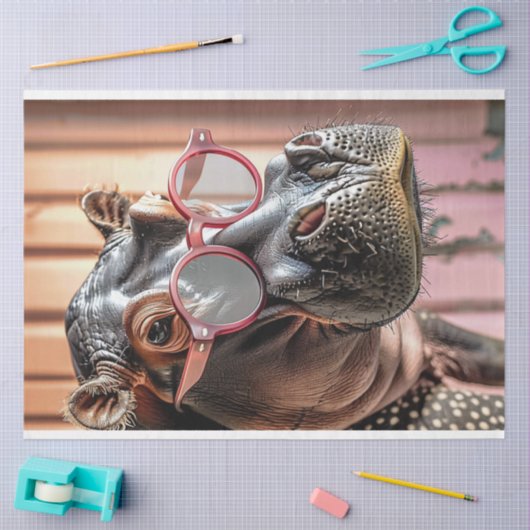 Hipster Hippo Roze Zonnebril Decoupage Links Tissuepapier (Craft)