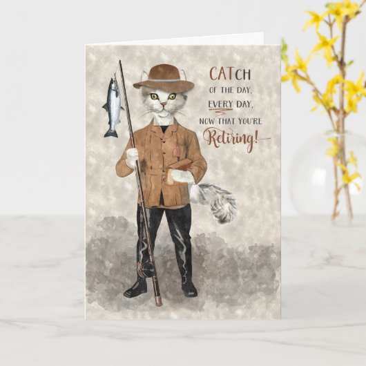 Hipster Kat Vis Thema Grappige Pensionering Kaart (Gele Bloem)