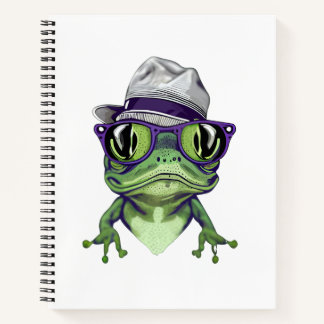 Hipster kikkerdier draagt een bril en pet vector notitieboek