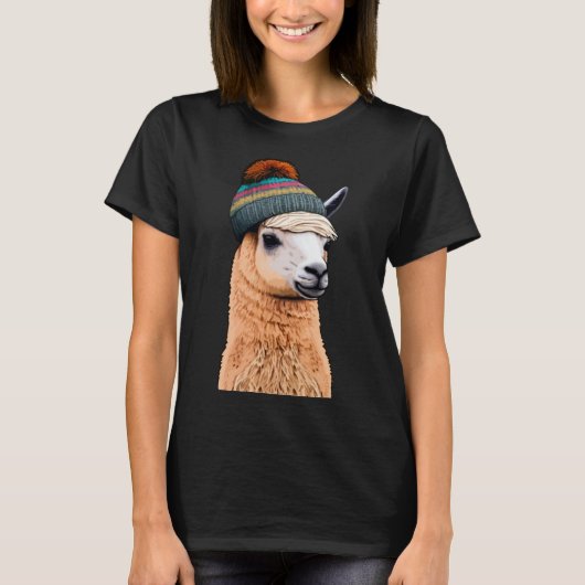Hipster Llama in Beanie Humor Pop T-shirt (Voorkant)