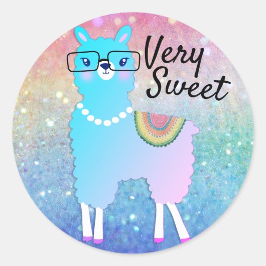 Hipster Llama Rainbow Glitter Ombre Ronde Sticker (Voorkant)