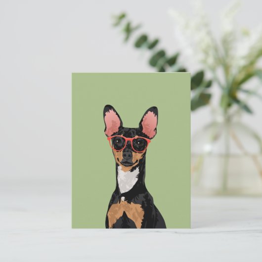 Hipster Miniatur Pinscher Briefkaart voor Hondenli (Staand voorkant)