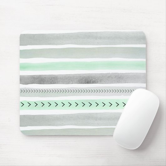 Hipster Mint Green Grey Waterverf Stripes Patroon Muismat (Met muis)