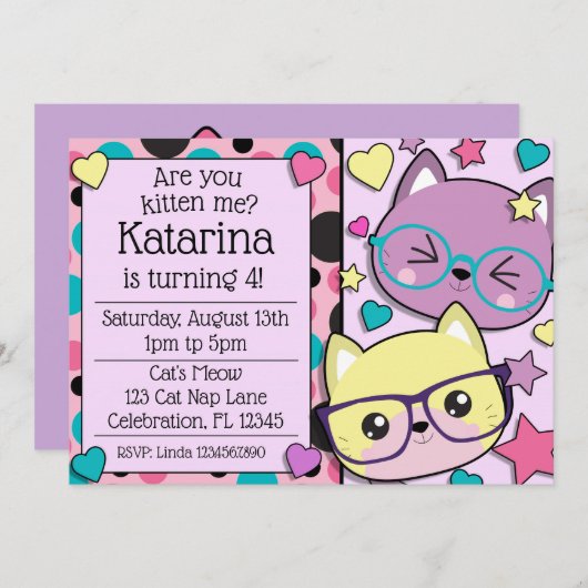 Hipster Nerdy Kitten Cats Girls Birthday Kaart (Voorkant / Achterkant)