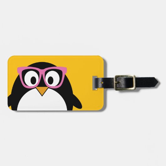 Hipster Penguin - Cute Cartoon Yellow Pink Bagagelabel (Voorkant horizontaal)