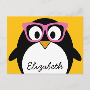 Hipster Penguin - Cute Cartoon Yellow Pink Briefkaart