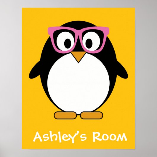 Hipster Penguin - Cute Cartoon Yellow Pink Poster (Voorkant)