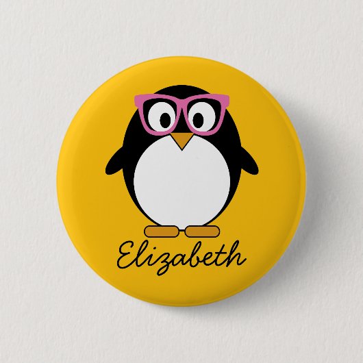 Hipster Penguin - Cute Cartoon Yellow Pink Ronde Button 5,7 Cm (Voorkant)
