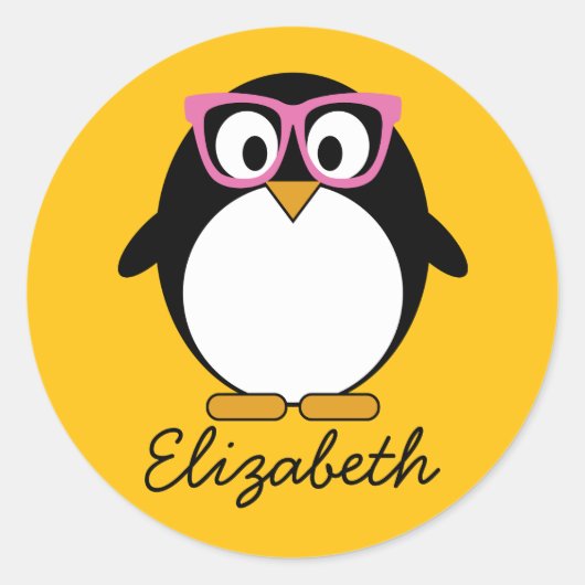 Hipster Penguin - Cute Cartoon Yellow Pink Ronde Sticker (Voorkant)