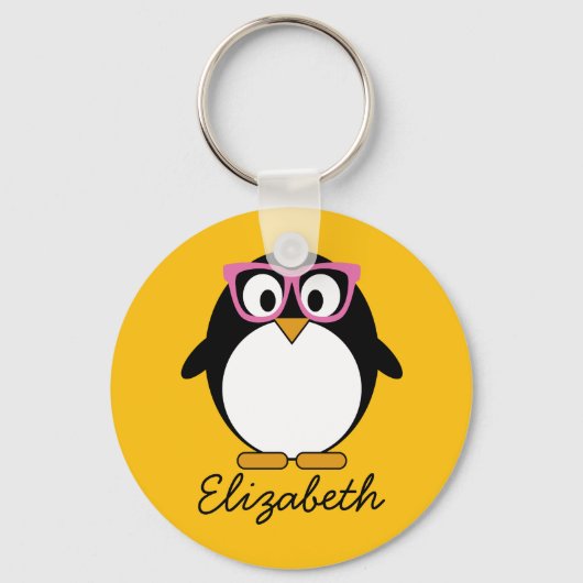 Hipster Penguin - Cute Cartoon Yellow Pink Sleutelhanger (Voorkant)