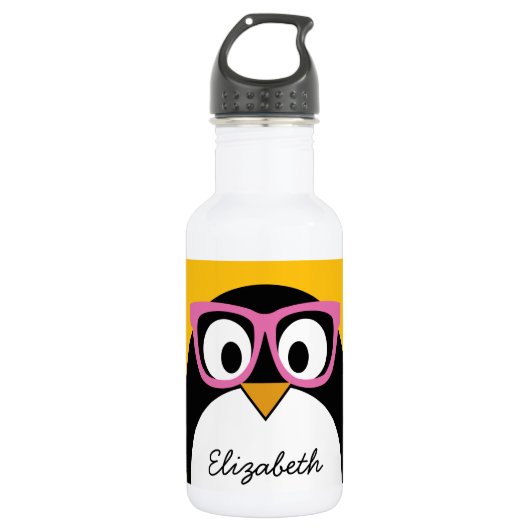 Hipster Penguin - Cute Cartoon Yellow Pink Waterfles (Voorkant)