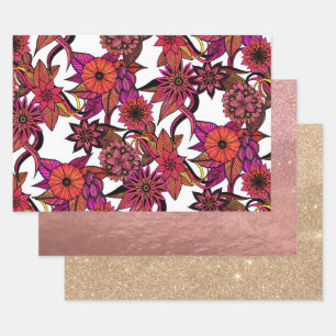 Hipster Pink Oranje Floral Illustration Pattern Inpakpapier Vel