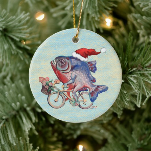 Hipster Piranha op een fiets met kerstmuts Keramisch Ornament (Boom)